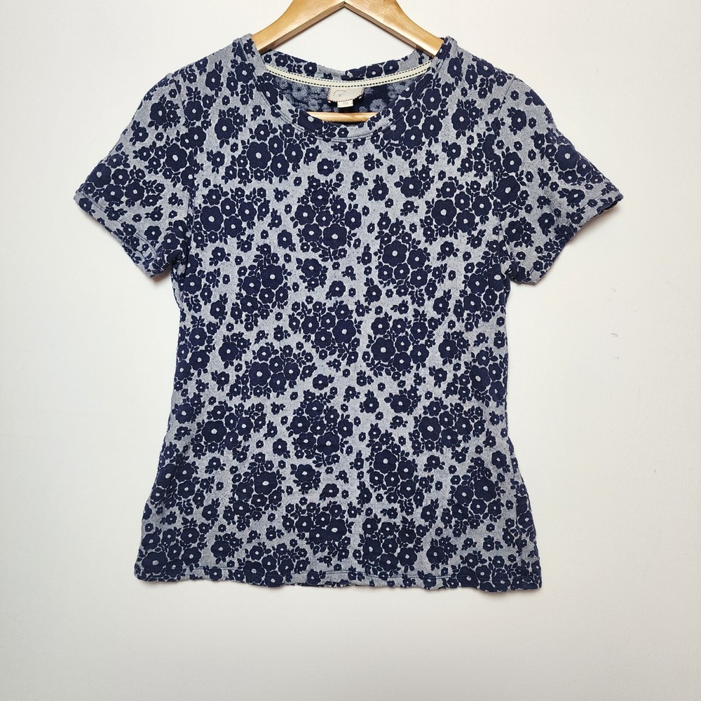 Anthropologie Floral Print Short Sleeve Knit Tee Navy Blue Grey Small
